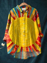 Women's Abstract Art Geometric Lines Print Casual Cotton And Linen Ruffle Shirt